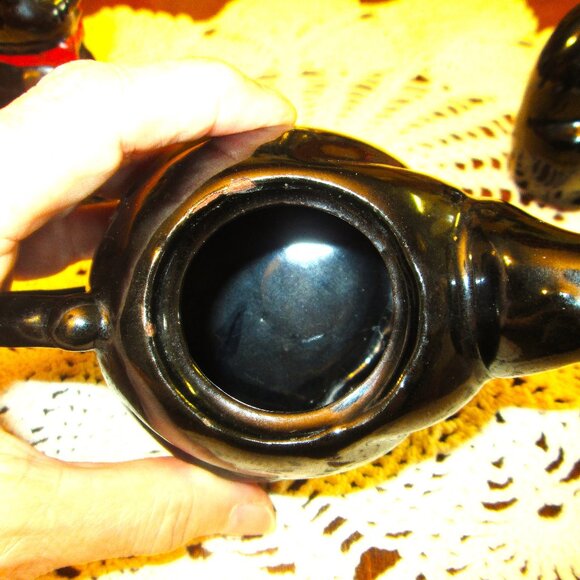 Vtg Shafford Ebony black red bowed cat teapot with salt & pepper black grown cat - Picture 14 of 15